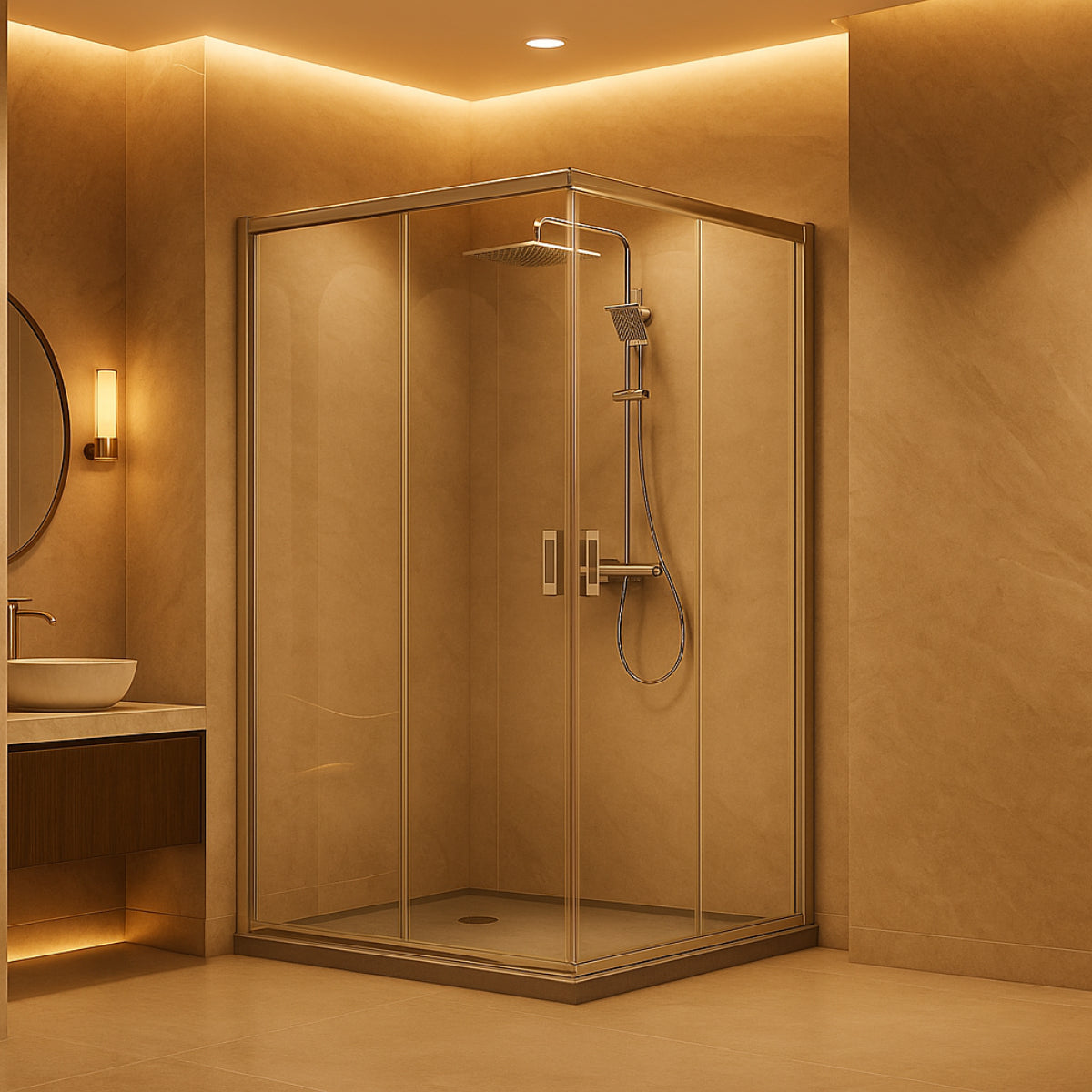 Mampara de baño angular - Siena- Kassandra-perfiles acabado-plata-brillo-práctica y funcional, Errefe