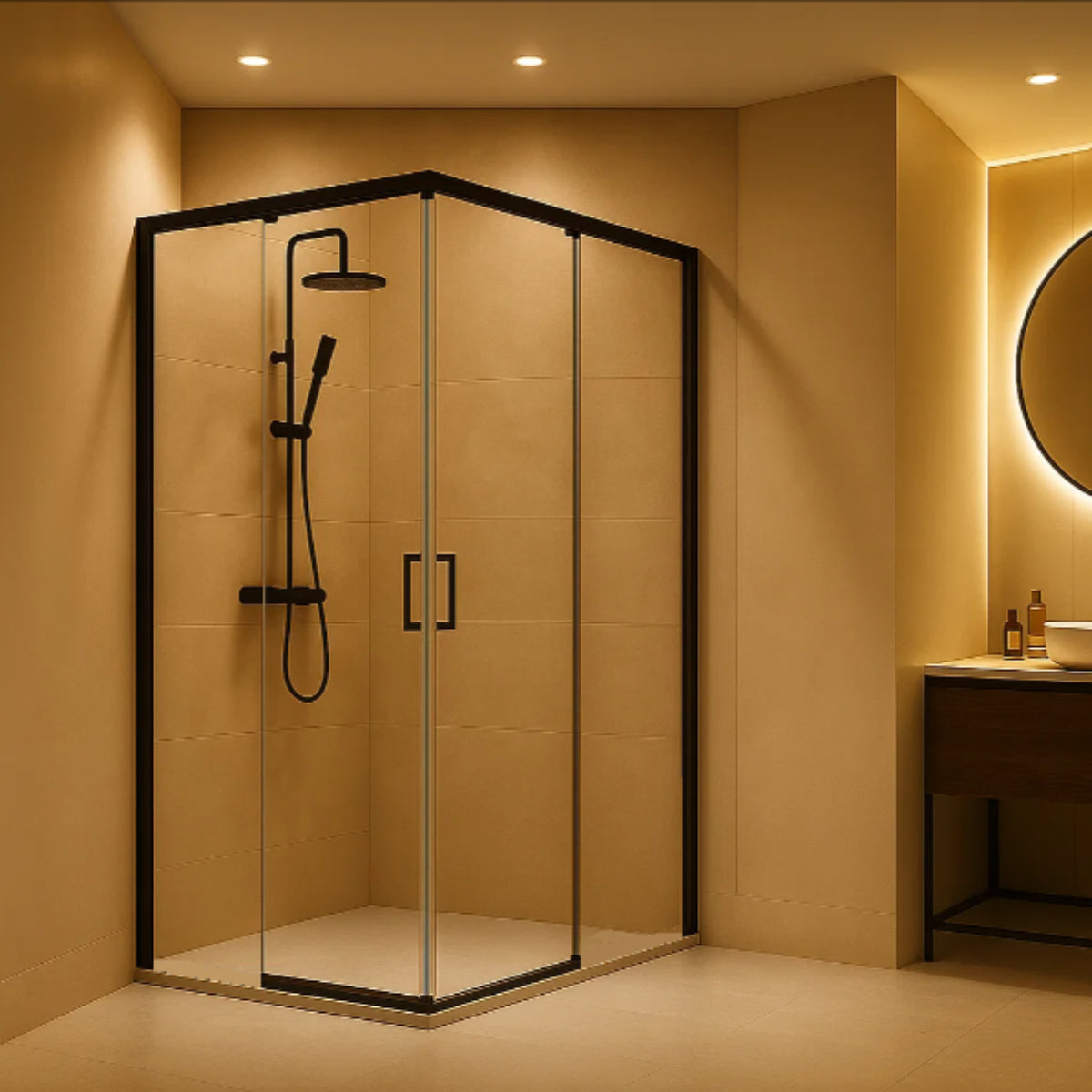 Mampara de ducha angular Tokio Becrisa, 2 correderas + 2 fijos, perfil negro mate, vidrio transparente, diseño equilibrado, Errefe Home