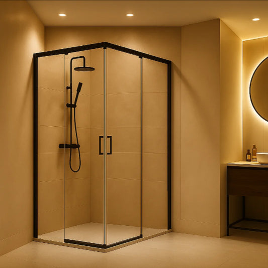 Mampara de ducha angular Tokio Becrisa, 2 correderas + 2 fijos, perfil negro mate, vidrio transparente, diseño equilibrado, Errefe Home