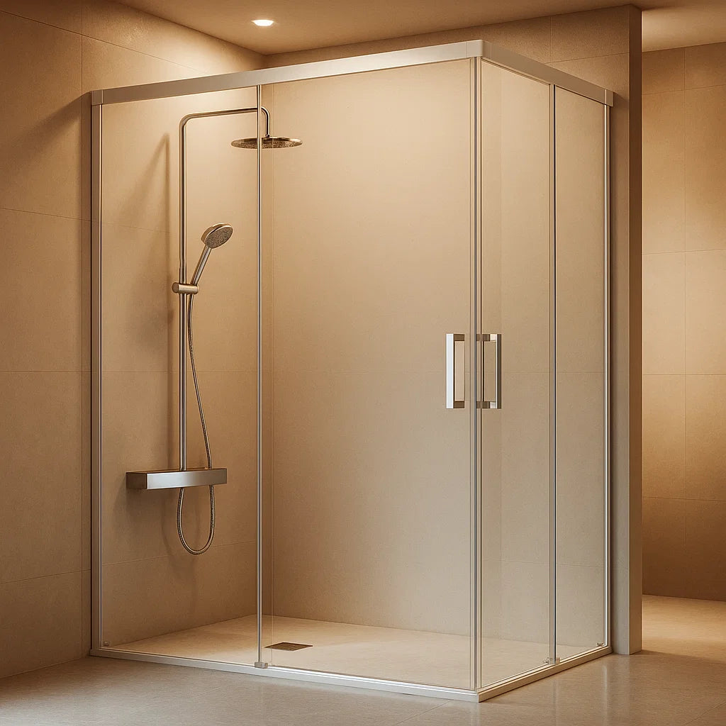 Mampara de ducha angular Glasé Kassandra, 2 puertas correderas + 2 fijos, vidrio transparente, perfil blanco, diseño sofisticado y elegante, Errefe Home