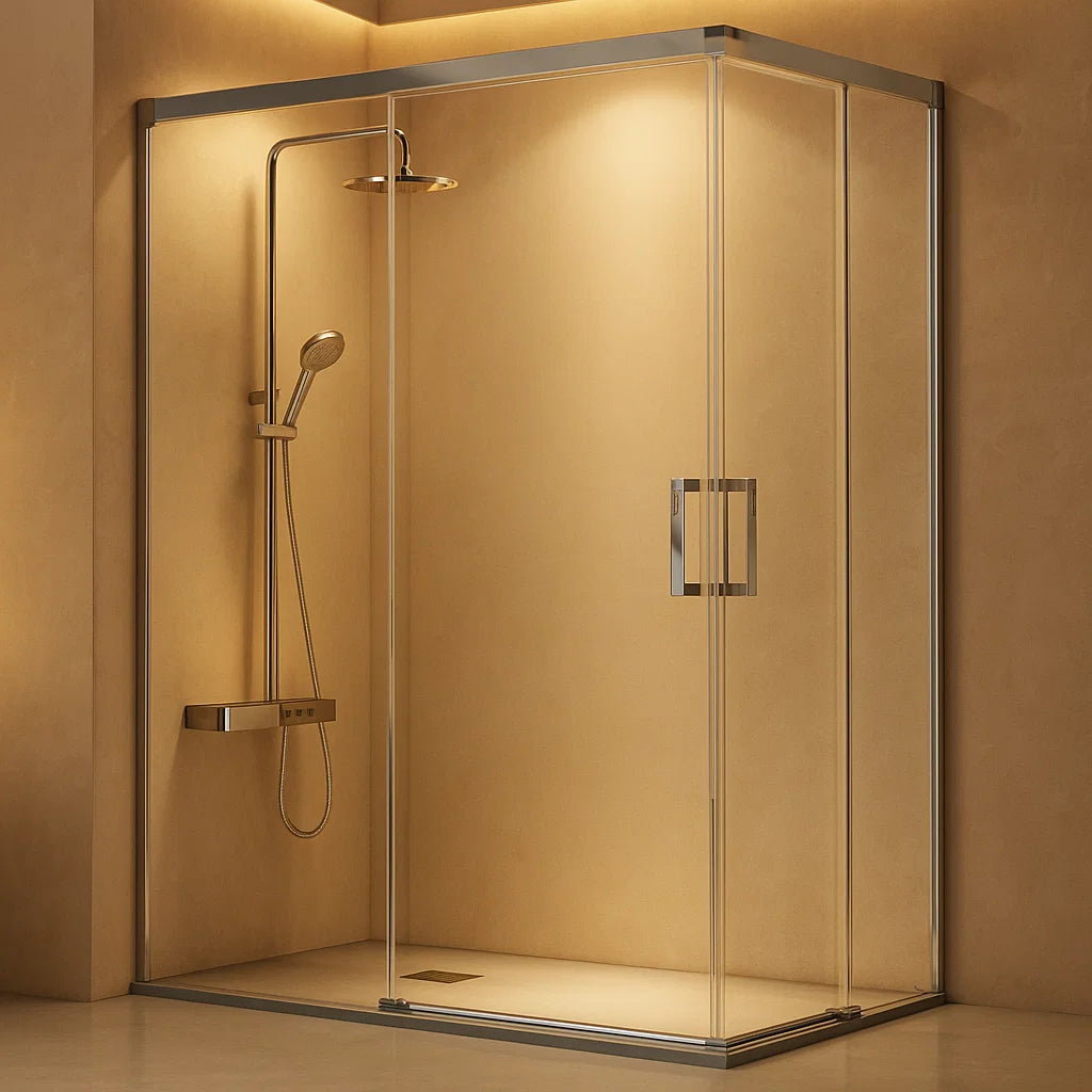 Mampara de ducha angular Glasé Kassandra, 2 puertas correderas + 2 fijos, vidrio transparente, perfil plata brillo, diseño sofisticado y elegante, Errefe Home