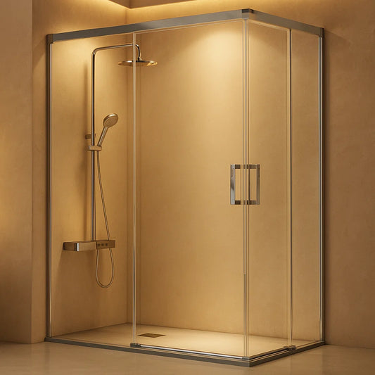 Mampara de ducha angular Glasé Kassandra, 2 puertas correderas + 2 fijos, vidrio transparente, perfil plata brillo, diseño sofisticado y elegante, Errefe Home