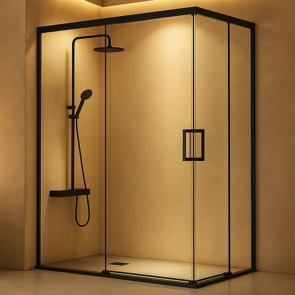 Mampara de ducha angular Glasé Kassandra, 2 puertas correderas + 2 fijos, vidrio transparente, perfil negro mate, diseño sofisticado y elegante, Errefe Home