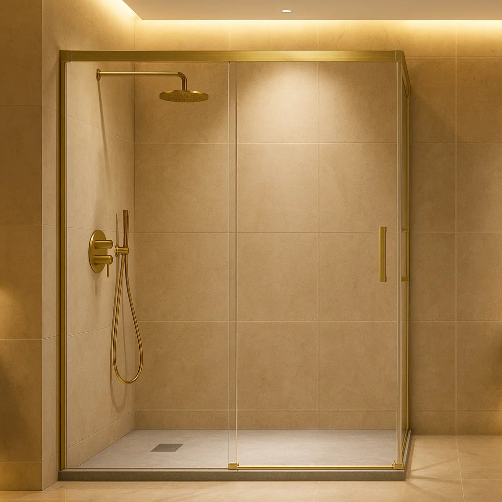 Mampara de ducha angular Glasé Kassandra, 2 puertas correderas + 2 fijos, vidrio transparente, perfil en oro cepilllado, diseño premiun y elegante, Errefe Home