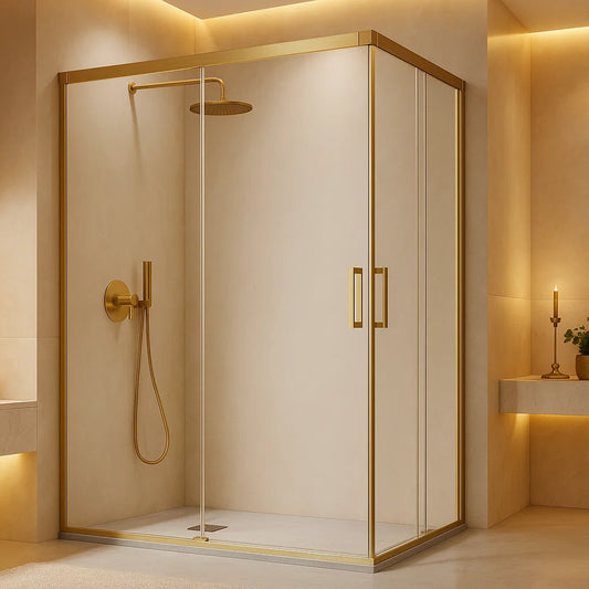 Mampara de ducha angular Glasé Kassandra, 2 puertas correderas + 2 fijos, vidrio transparente, perfil en oro cepilllado, diseño sofisticado y elegante, Errefe Home