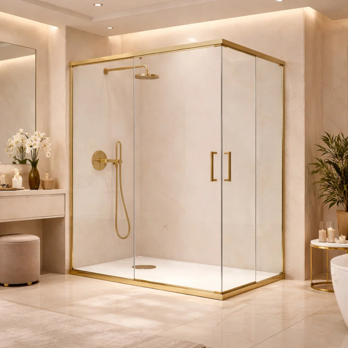 Mampara de baño en esquina - Glasé- Kassandra, perfiles en oro cepillado, 2 vidrios fijos+2 abatibles contemporánea y funcional. Errefe Home