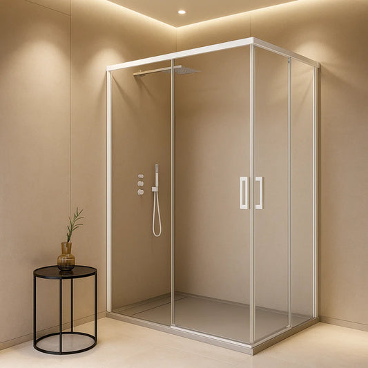 Mampara de ducha angular Yaiza Becrisa, 2 correderas + 2 fijos, perfil blanco, vidrio transparente, diseño actual y versátil, Errefe Home