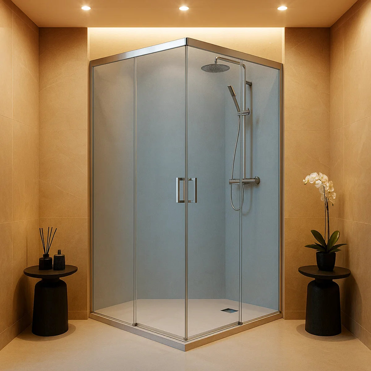 Mampara de ducha angular Tokio Becrisa, 2 correderas + 2 fijos, perfil cromo, vidrio fume, diseño equilibrado, Errefe Home