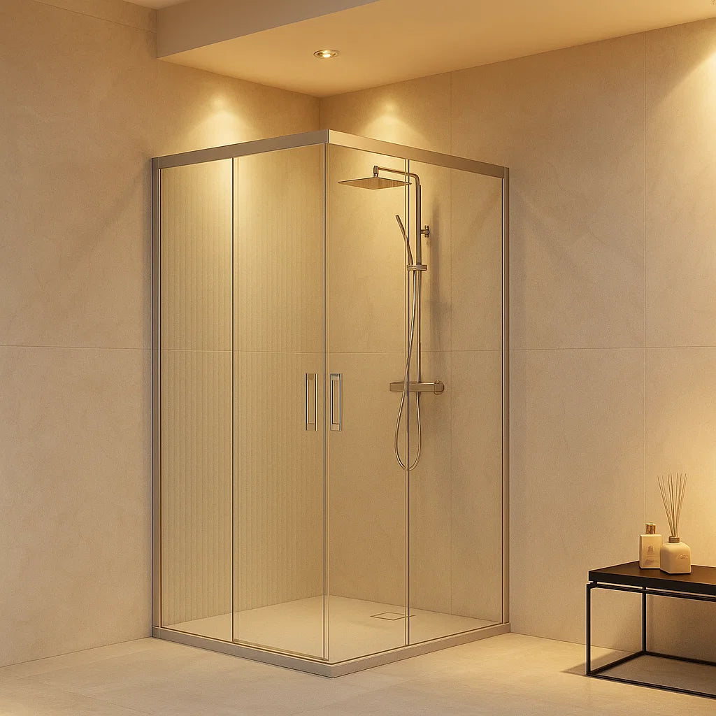 Mampara de ducha angular Yaiza Becrisa, 2 correderas + 2 fijos, perfil blanco, vidrio transparente, diseño actual y versátil, Errefe Home