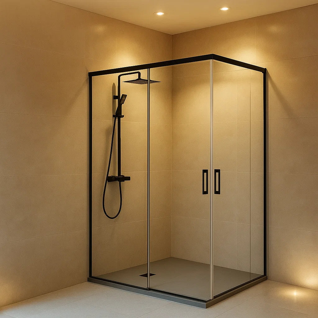 Mampara de ducha angular Yaiza Becrisa, 2 correderas + 2 fijos, perfil cromo, cristal transparente, diseño actual, minimalista y versátil, Errefe Home