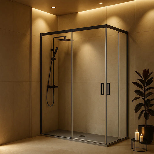 Mampara de ducha angular Yaiza Becrisa, 2 correderas + 2 fijos, perfil negro, cristal transparente, diseño actual y versátil, Errefe Home