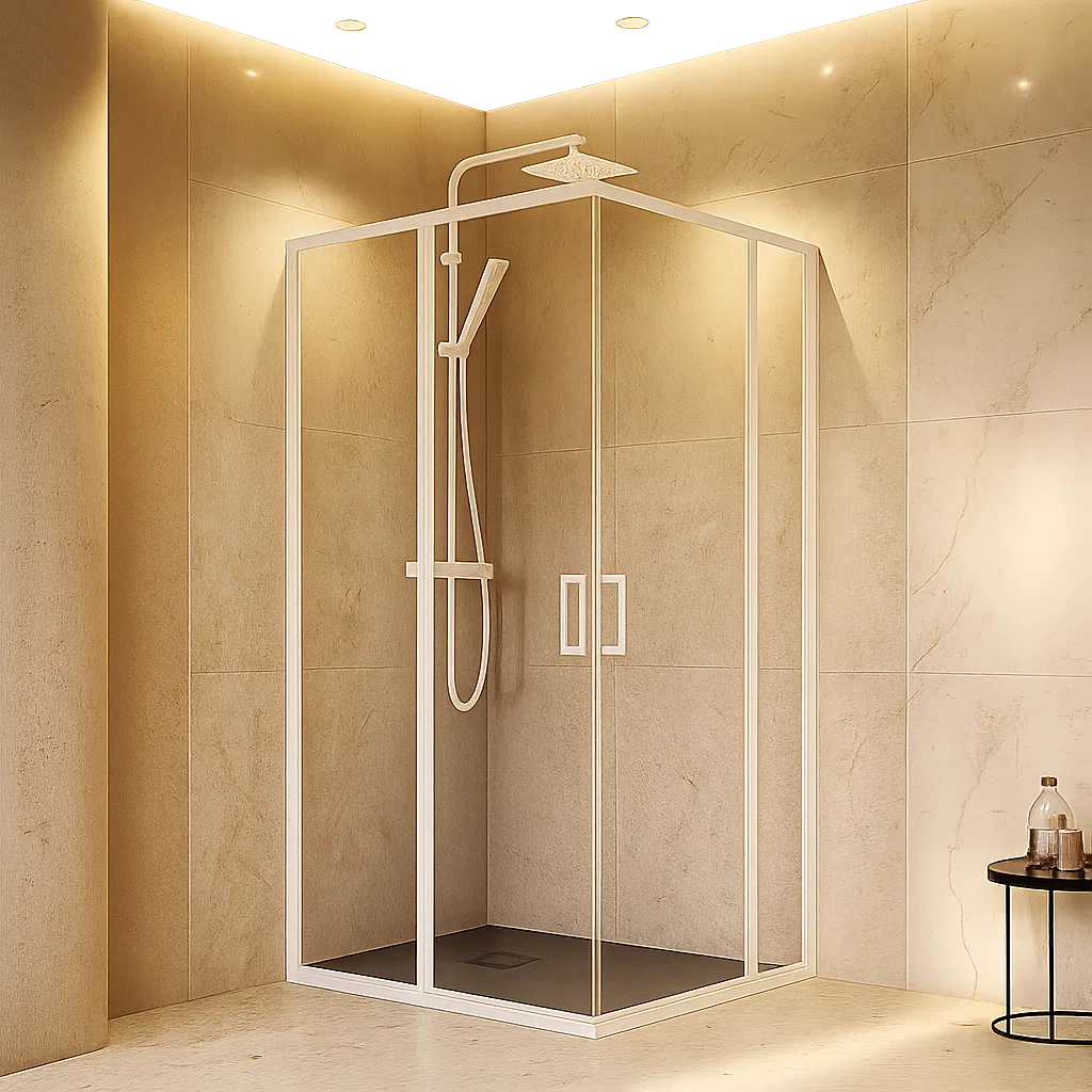 Mampara de baño angular - Denia- Becrisa perfiles blancos 2 vidrios fijos+2 abatibles contemporánea y funcional. Errefe Home