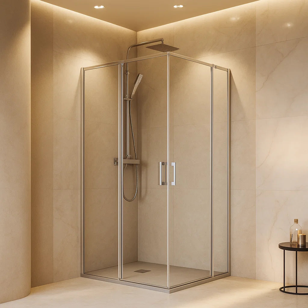 Mampara de baño angular - Denia- Becrisa perfiles acabado cromo 2 vidrios fijos+2 abatibles contemporánea y funcional, Errefe