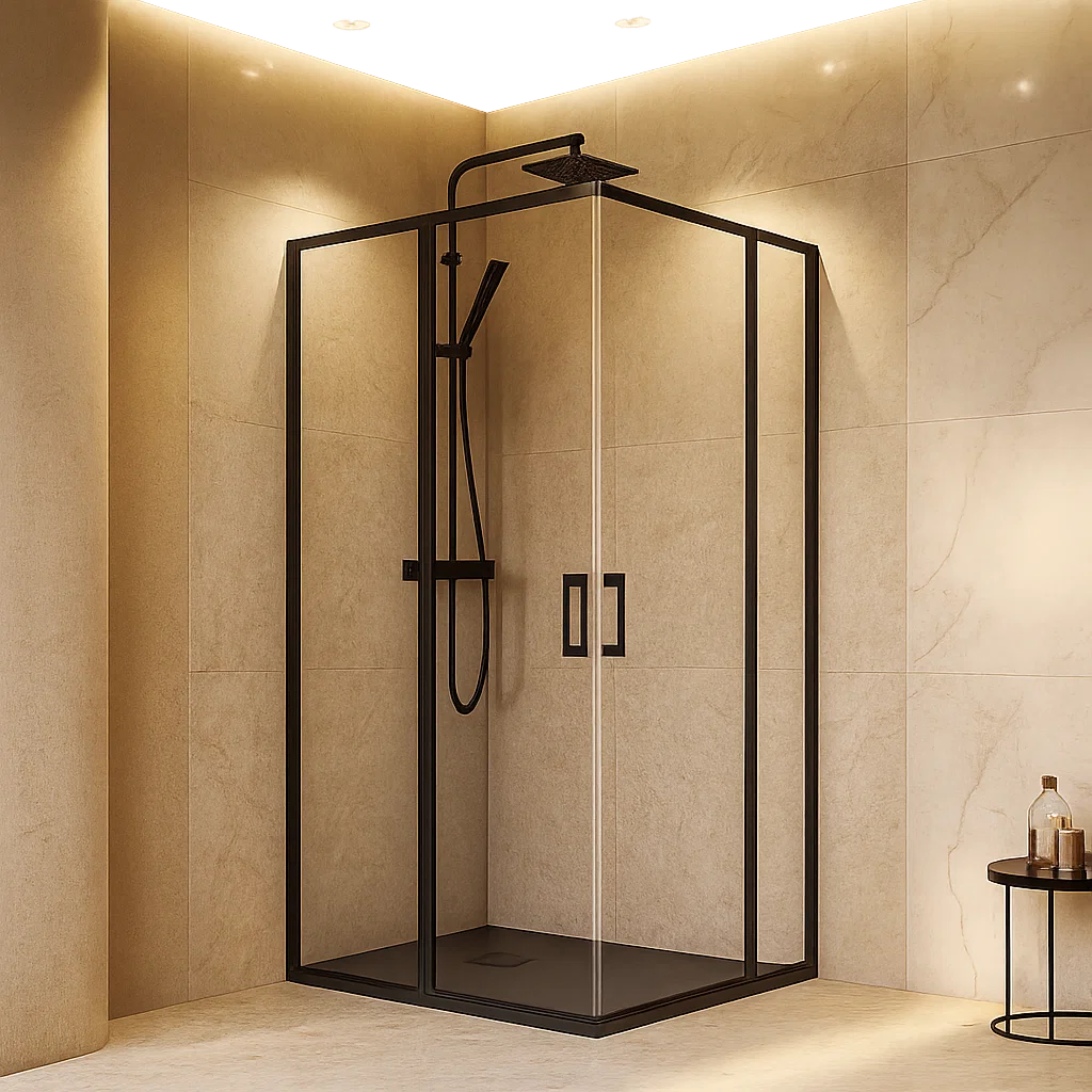 Mampara de baño angular - Denia- Becrisa perfiles en negro mate 2 vidrios fijos+2 abatibles contemporánea y funcional, Errefe