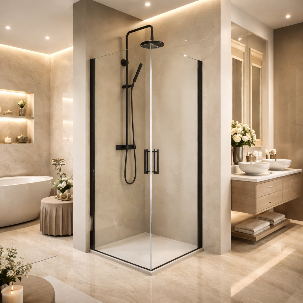 Mampara de baño angular - Denia- Becrisa perfiles en negro mate 2 puertas abatibles contemporánea y funcional. Errefe Home