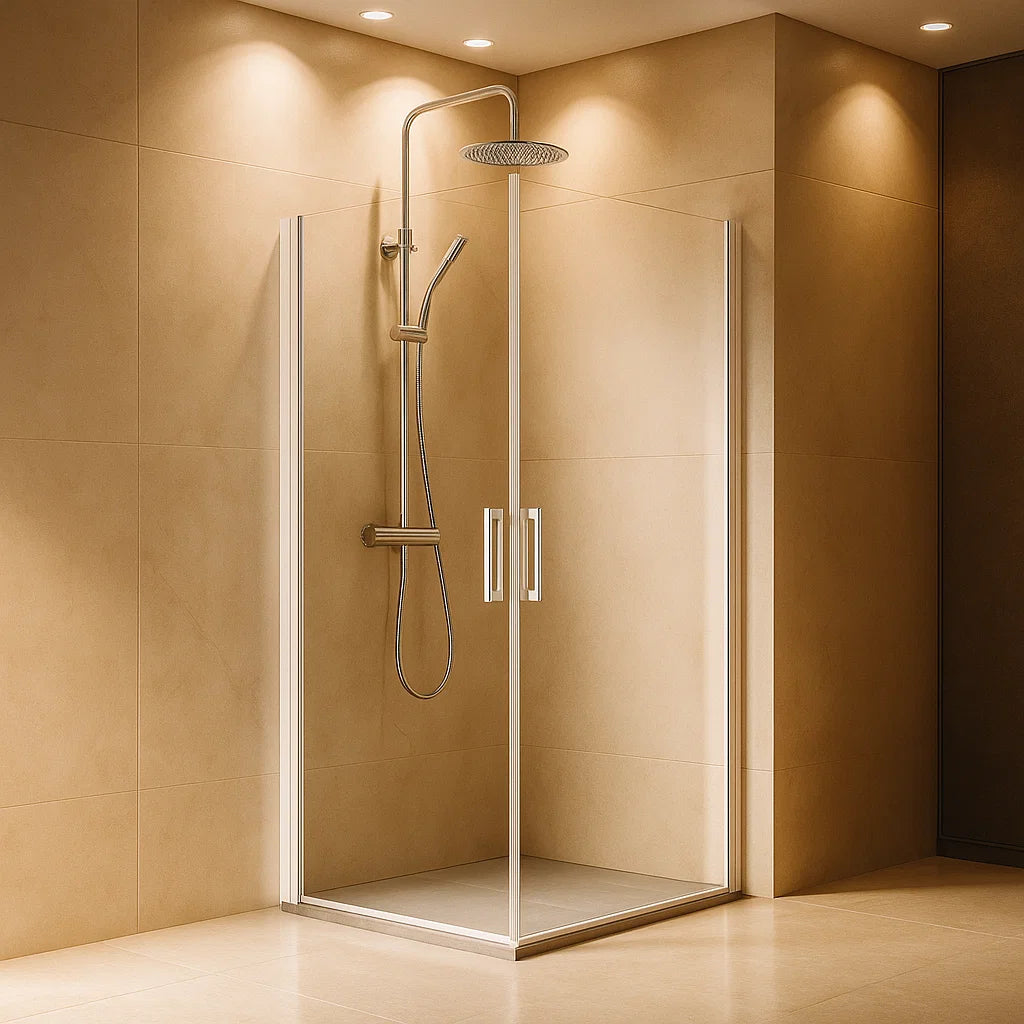 Mampara de ducha angular Denia Becrisa, 2 puertas abatibles, perfil blanco, cristal transparente, diseño minimalista y elegante, Errefe Home