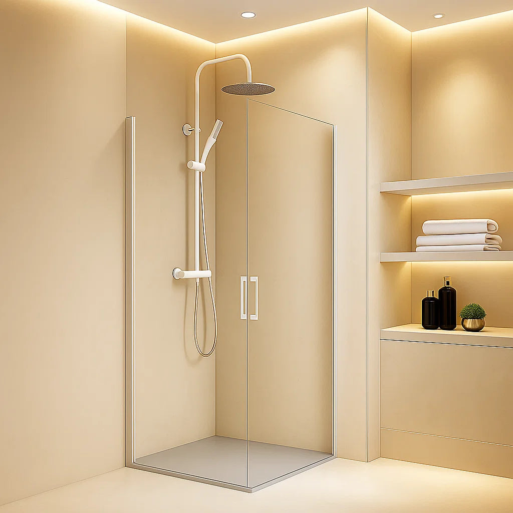 Mampara de ducha angular Denia Becrisa, 2 puertas abatibles, perfil blanco, cristal transparente, diseño limpio y elegante, Errefe Home