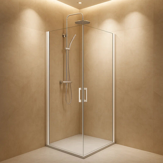 Mampara de ducha angular Denia Becrisa, 2 puertas abatibles, perfil blanco, cristal transparente, diseño práctico y elegante, Errefe Home