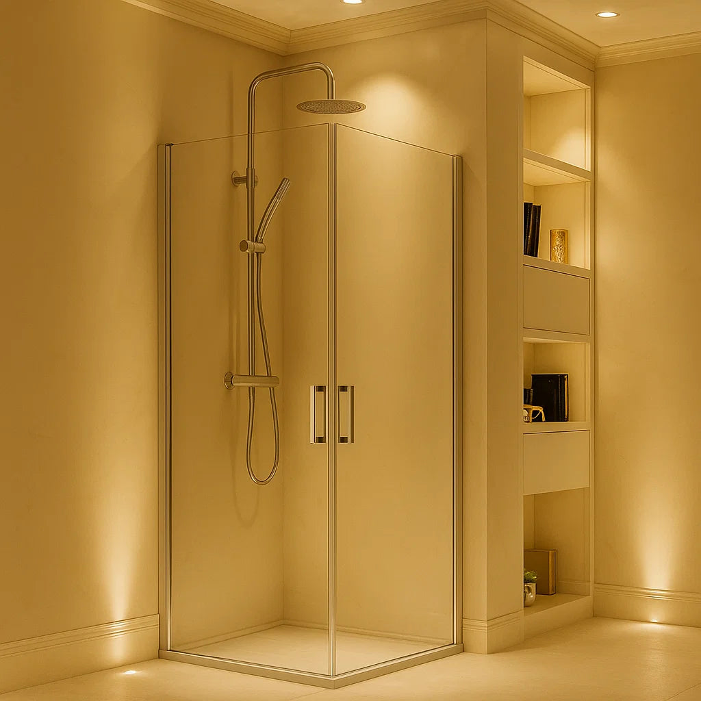 Mampara de ducha angular Denia Becrisa, 2 puertas abatibles, perfil blanco, cristal transparente, diseño práctico y elegante, Errefe Home