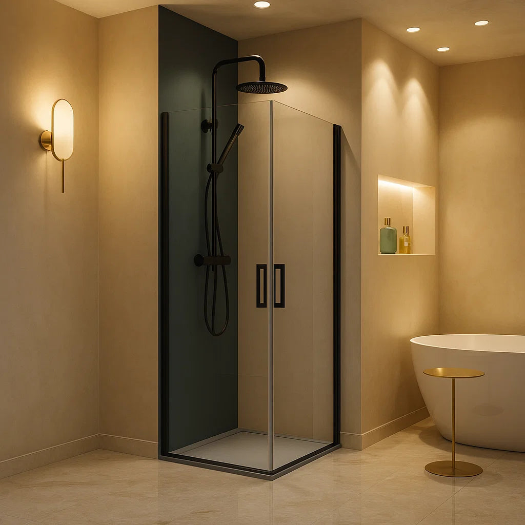 Mampara de ducha angular Denia Becrisa, 2 puertas abatibles, perfil negro, cristal transparente, diseño práctico y elegante, Errefe Home