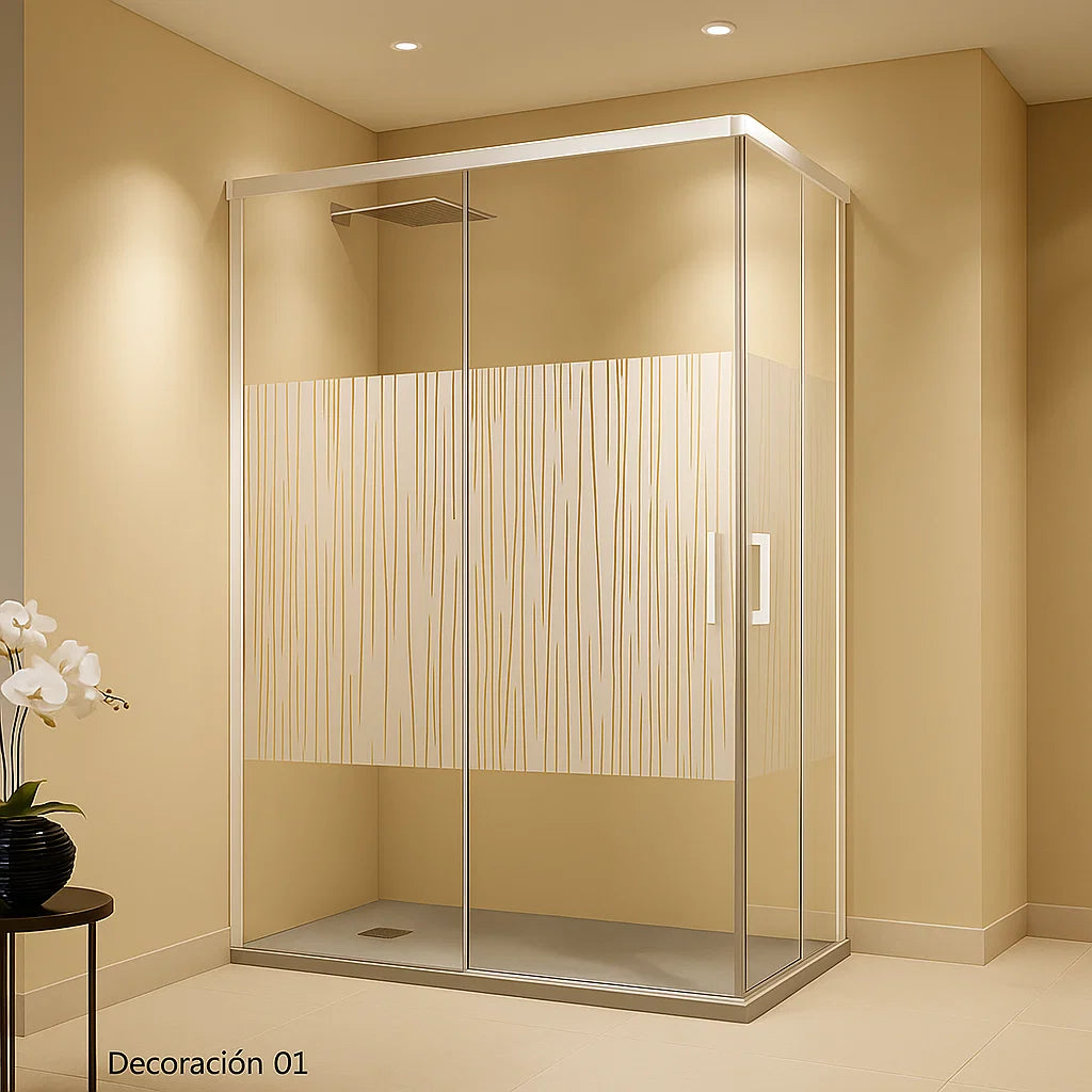 Mampara de ducha angular Yaiza Becrisa, 2 correderas + 2 fijos, perfil blanco, cristal decorativo, diseño actual y versátil, Errefe Home