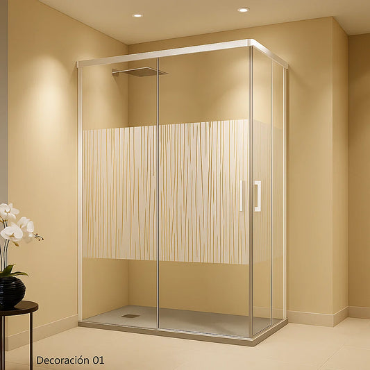 Mampara de ducha angular Yaiza Becrisa, 2 correderas + 2 fijos, perfil blanco, cristal decorativo, diseño actual y versátil, Errefe Home