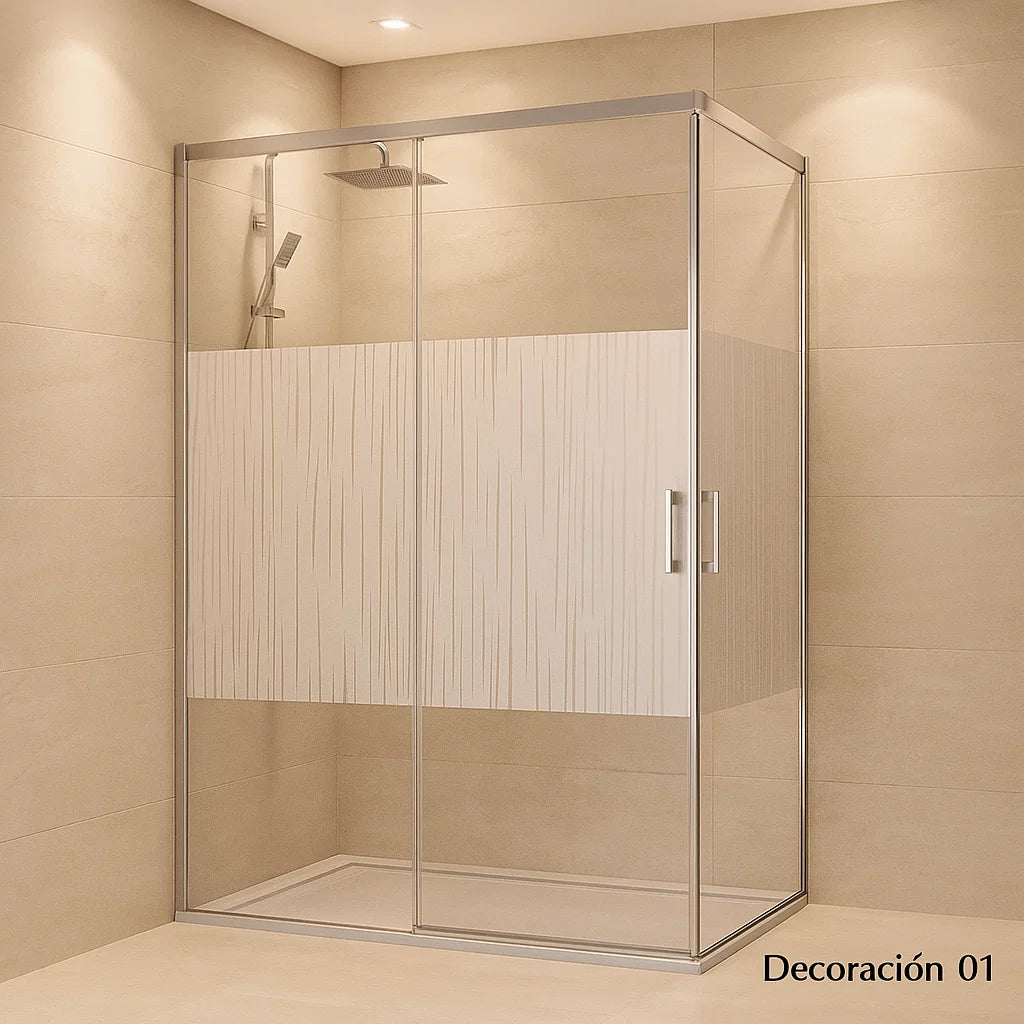 Mampara de ducha angular Yaiza Becrisa, 2 correderas + 2 fijos, perfil cromo, cristal decorativo, diseño actual y versátil, Errefe Home