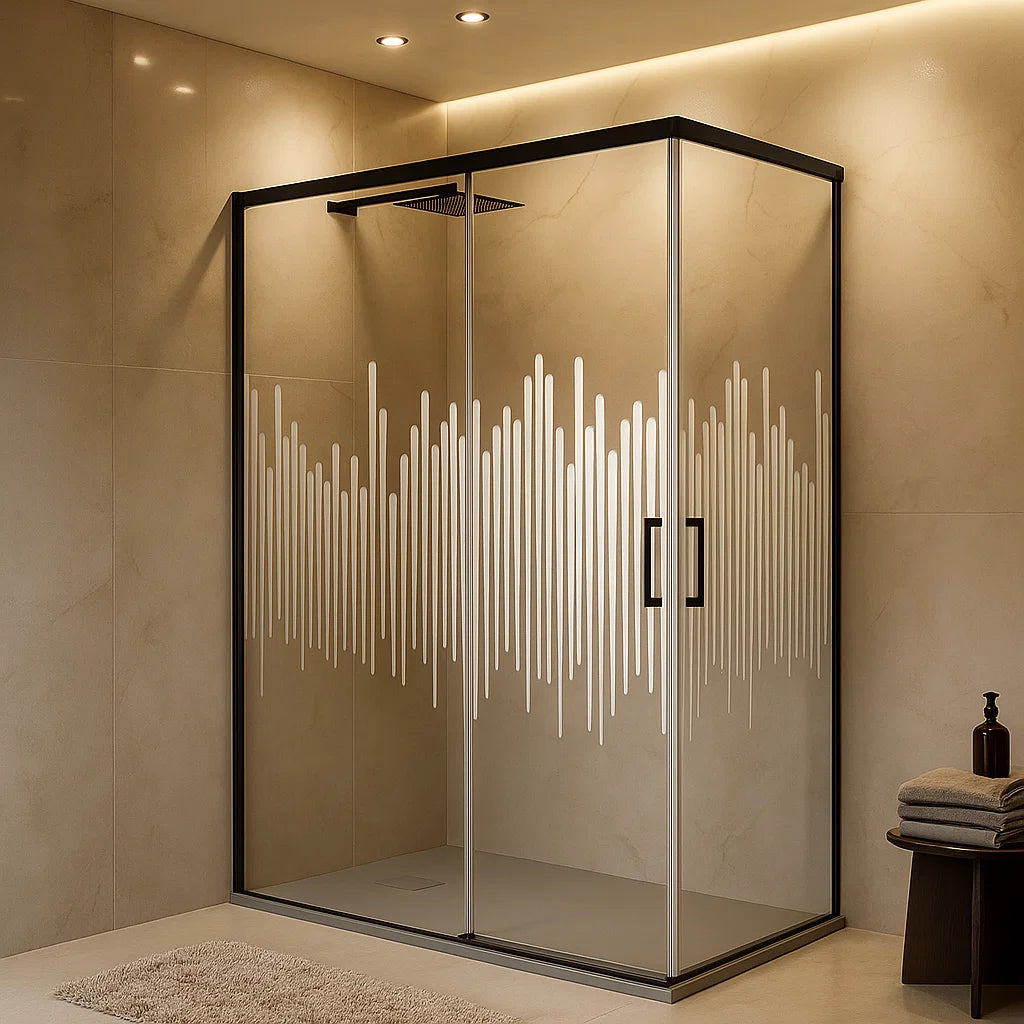 Mampara de ducha angular Yaiza Becrisa, 2 correderas + 2 fijos, perfil negro mate, cristal decorativo, diseño contemporáneo y versátil, Errefe Home