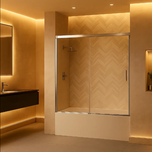 Mampara de bañera YAIZA Becrisa 1 fijo+1 puerta corredera, vidrios transparentes, perfil cromo, diseño minimalista Errefe Home