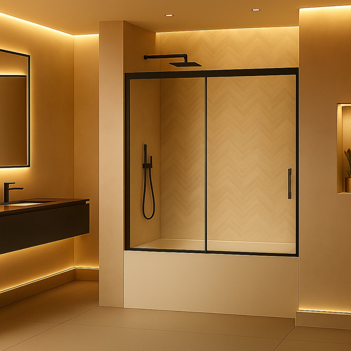 Mampara de bañera YAIZA Becrisa 1 fijo+1 puerta corredera, vidrios transparentes, perfil negro mate, diseño sobrio Errefe Home