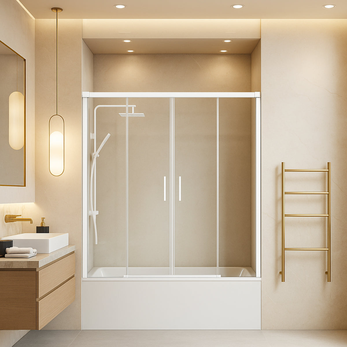 Mampara de bañera YAIZA Becrisa vidrios transparentes, 2 puertas correderas, 2 fijos, peril blanco, diseño minimalista Errefe Home