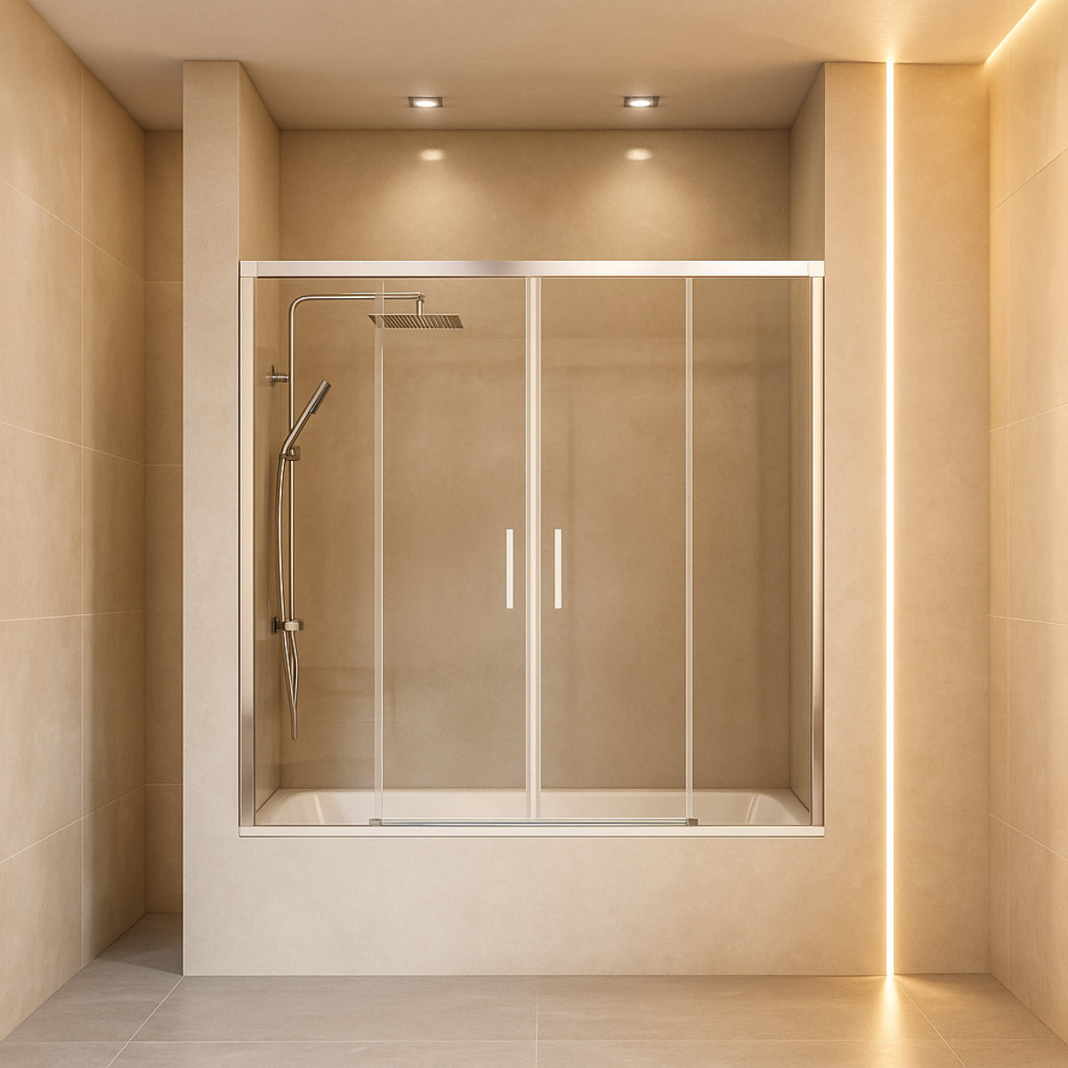 Mampara de bañera YAIZA Becrisa vidrios transparentes, 2 puertas correderas, 2 fijos, peril cromo, diseño minimalista Errefe Home