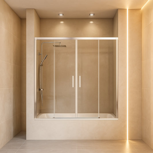 Mampara de bañera YAIZA Becrisa vidrios transparentes, 2 puertas correderas, 2 fijos, peril cromo, diseño minimalista Errefe Home