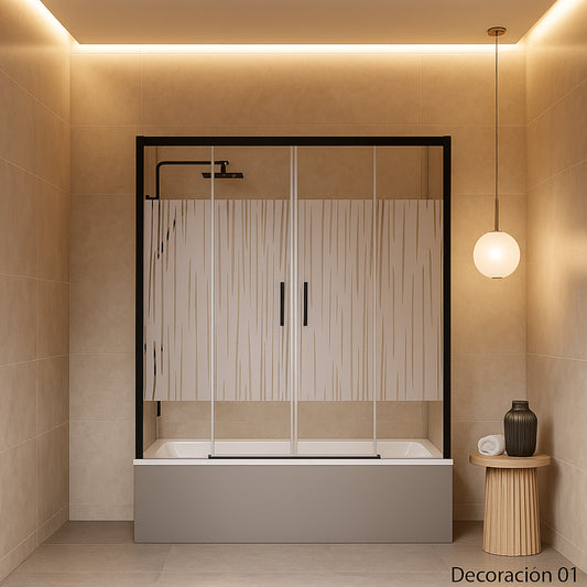 Mampara de bañera YAIZA Becrisa 2 puertas correderas, 2 fijos decorativos, peril negro mate, diseño minimalista Errefe Home