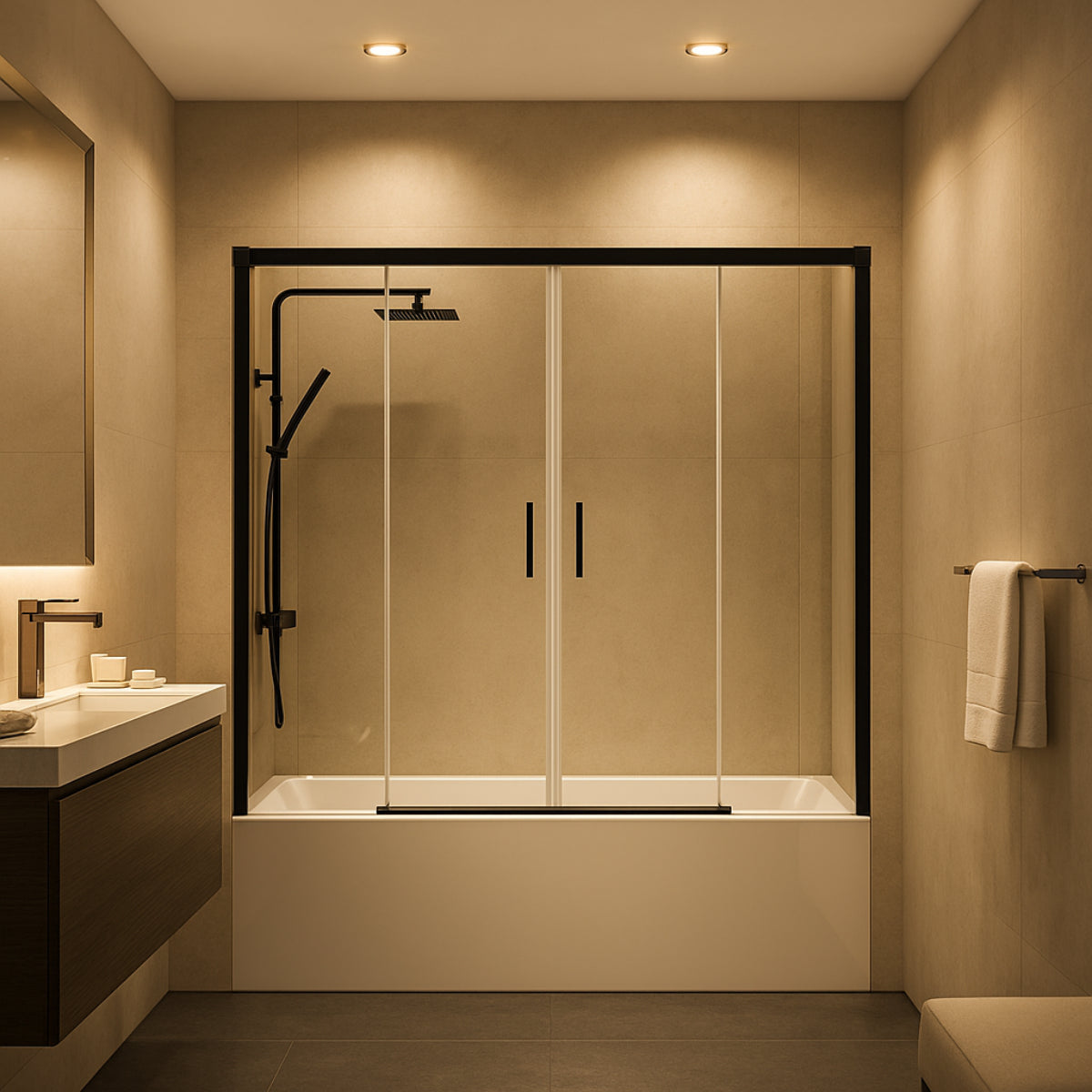 Mampara de bañera YAIZA Becrisa vidrios transparentes, 2 puertas correderas, 2 fijos, peril negro, diseño minimalista Errefe Home