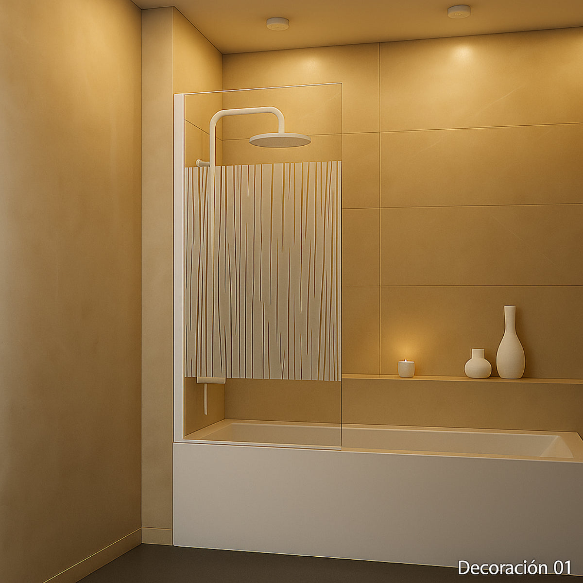 Mampara de bañera DENIA Becrisa panel decorativo abatible, perfil blanco, diseño premium, Errefe Home