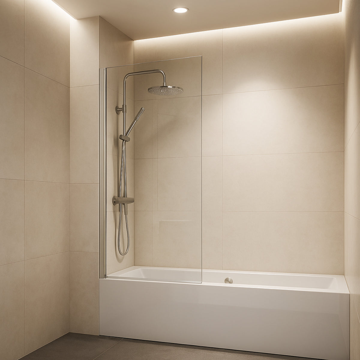 Mampara de bañera DENIA Becrisa panel transparente abatible, perfil cromo, diseño minimalista, Errefe Home