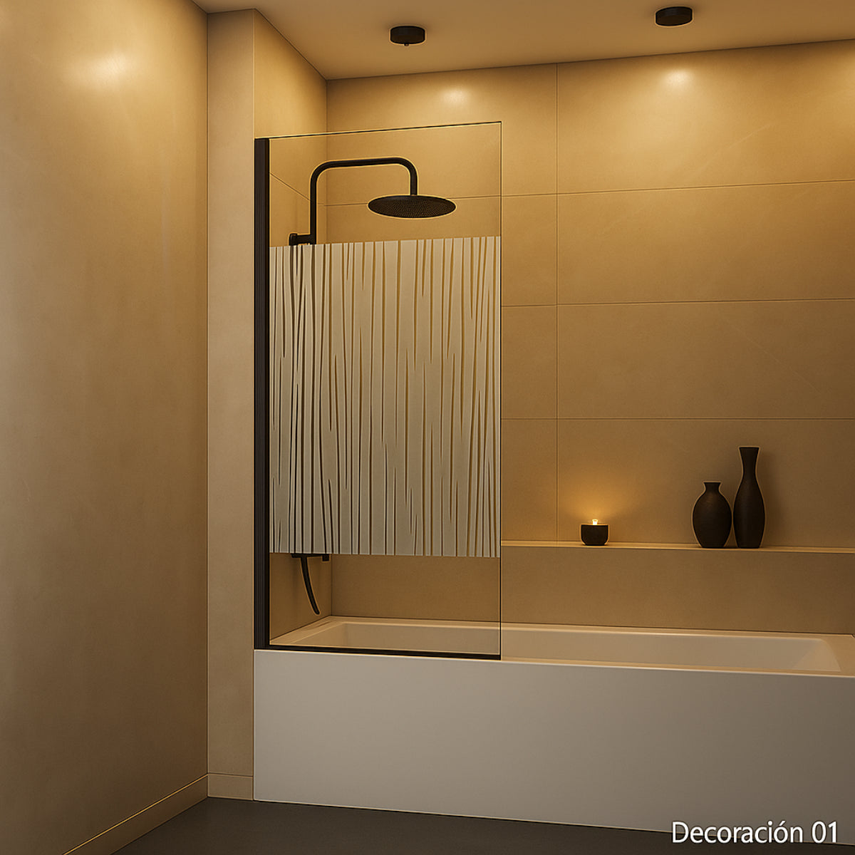 Mampara de bañera DENIA Becrisa panel decorativo abatible, perfil megro mate, diseño practico y bonito, Errefe Home