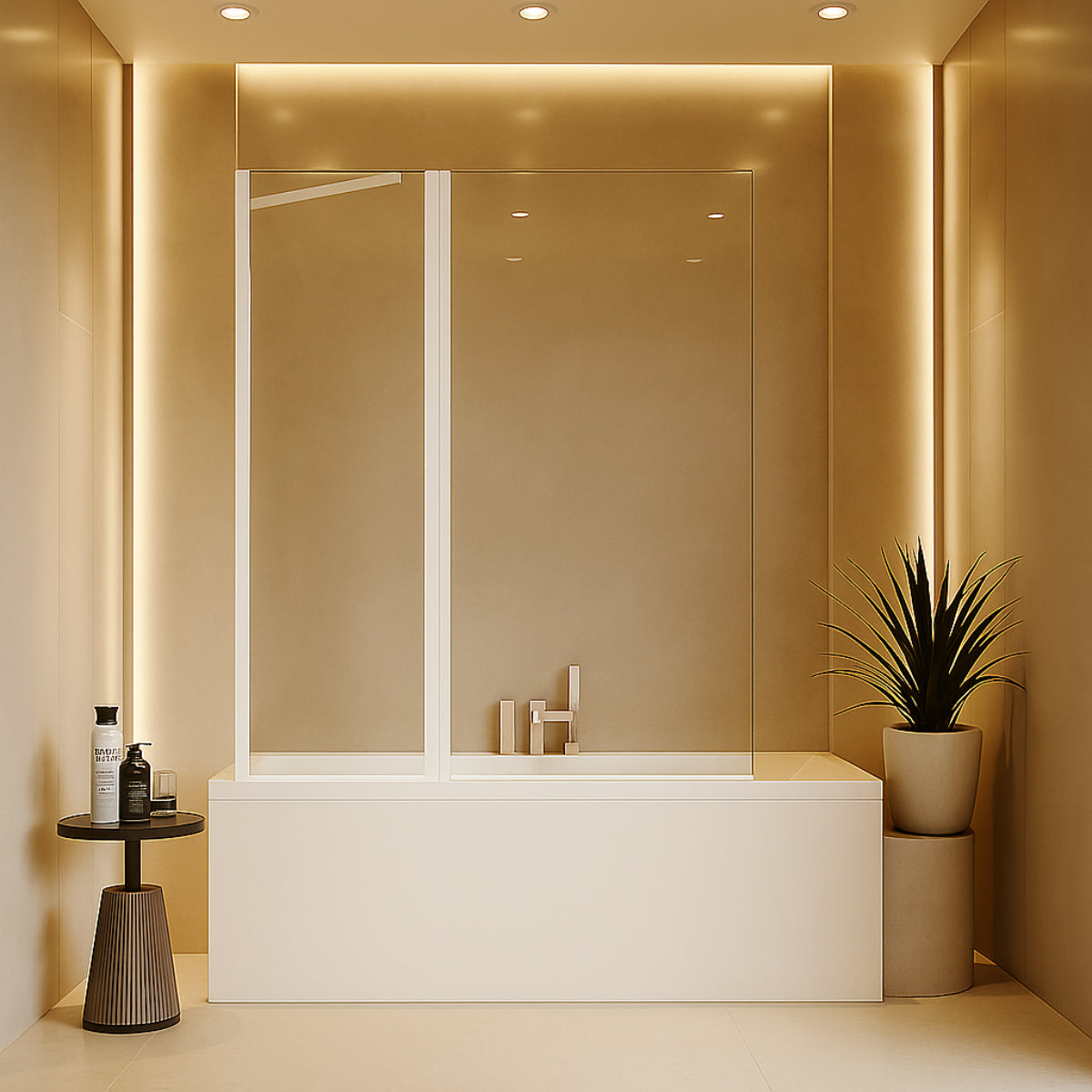 Mampara de bañera Denia Becrisa vidrios transparentes, fijo + panel abatible, perfil blanco, diseño moderno y práctico, Errefe Home