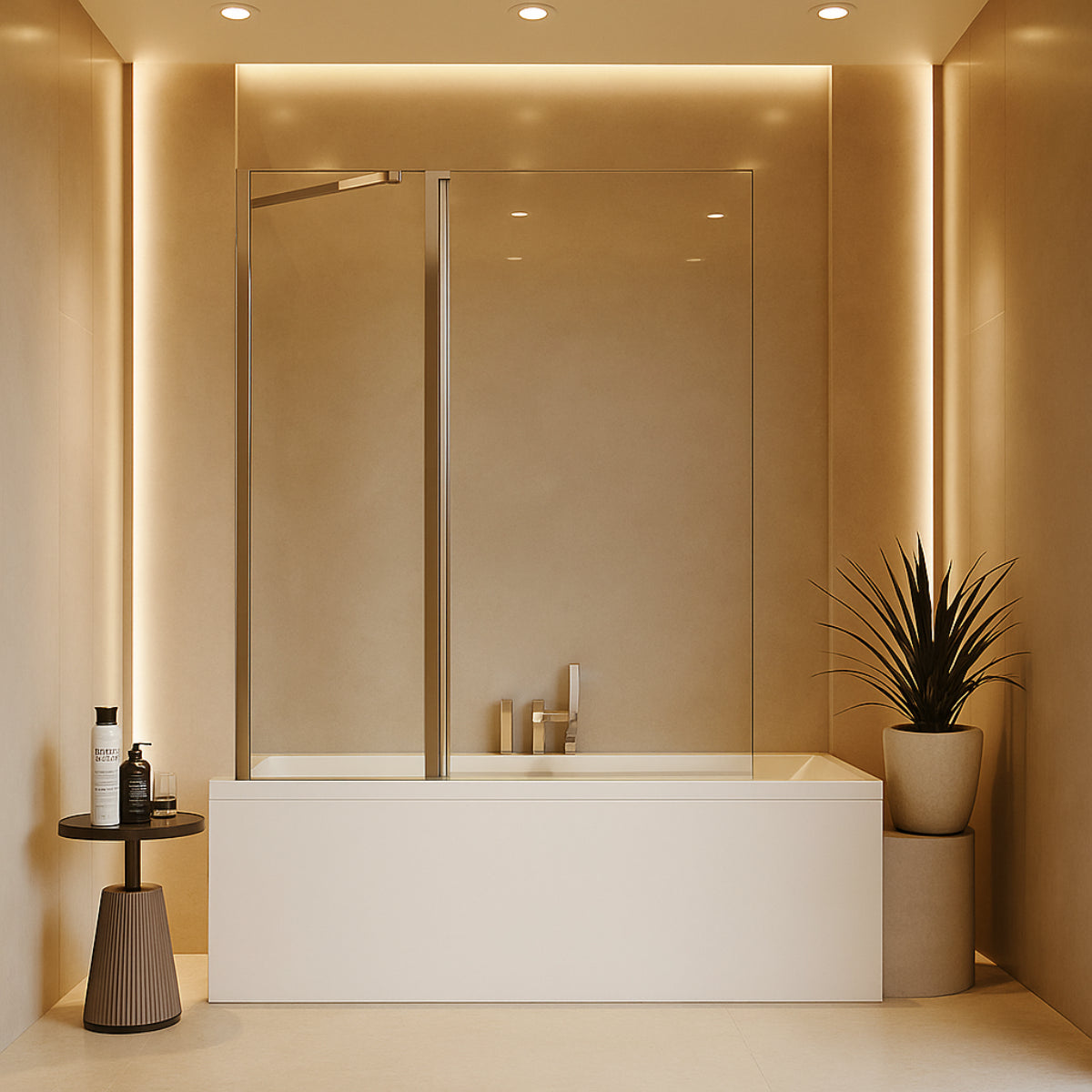 Mampara de bañera Denia Becrisa vidrios transparentes, fijo + panel abatible, perfil cromo, diseño moderno y práctico, Errefe Home