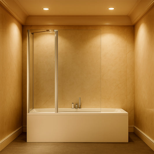 Mampara de bañera Denia Becrisa vidrios transparentes, fijo + panel abatible, perfil cromo, diseño moderno y funcional, Errefe Home