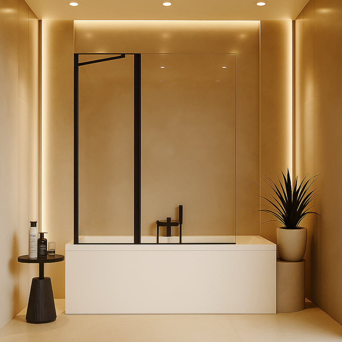 Mampara de bañera Denia Becrisa vidrios transparentes, fijo + panel abatible, perfil negro, diseño moderno y práctico, Errefe Home