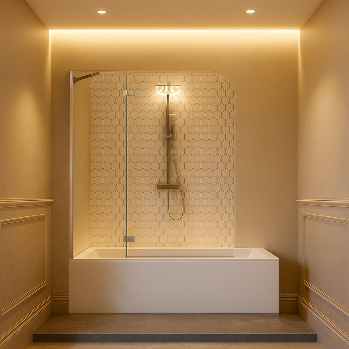 Mampara de bañera Zahara Becrisa, 1 fijo + panel con bisagra abatible, perfil cromo, diseño premium y singular, Errefe Home