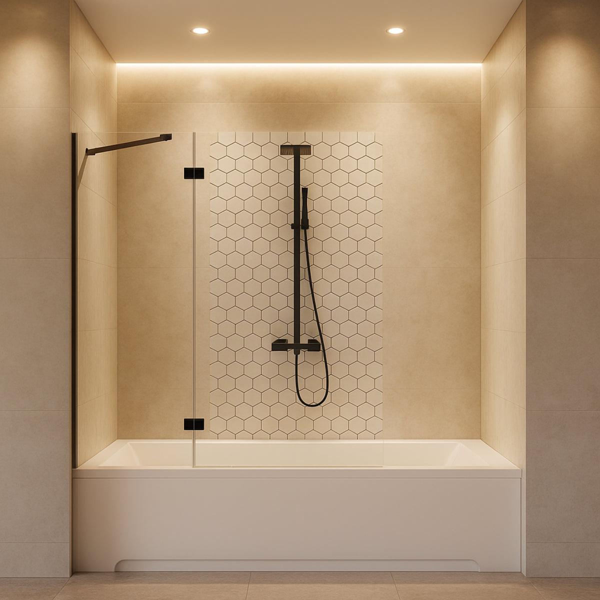 Mampara de bañera Zahara Becrisa, 1 fijo + panel con bisagra abatible, perfil negro, diseño premium y singular, Errefe Home