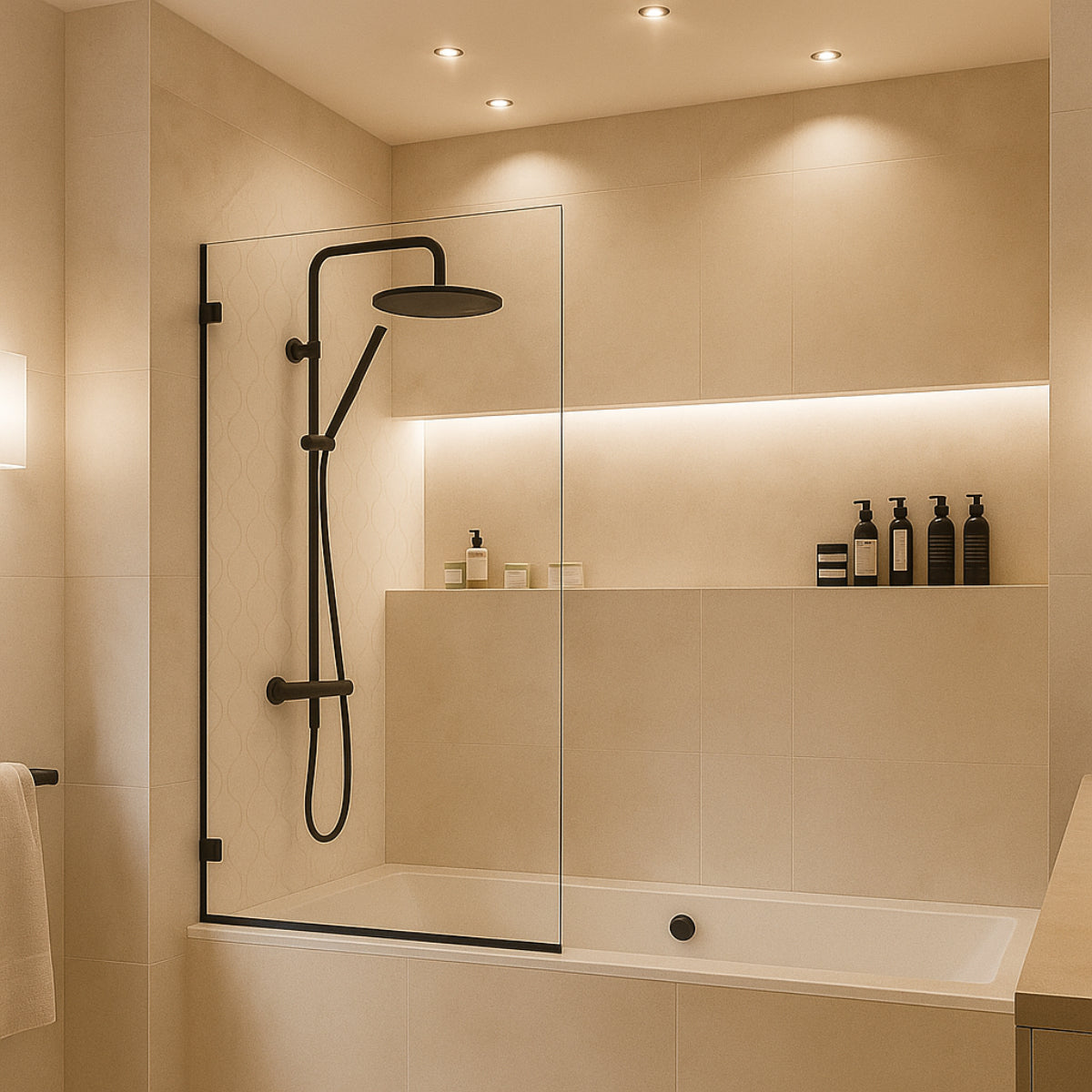 Mampara de bañera abatible Zahara, Becrisa, 1 puerta abatible, perfil y bisdagras en negro, diseño con clase, Errefe Home