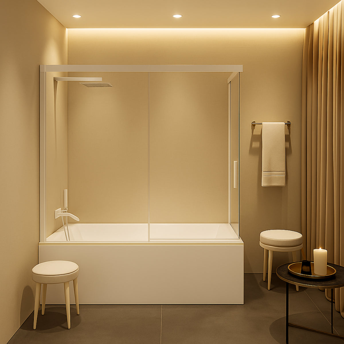 Mampara de bañera YAIZA Becrisa vidrios transparentes, 1 puerta corredera, 1 fijo+1 lateral fijo, perfil blanco, diseño elegante que aporta luminosidad, Errefe Home