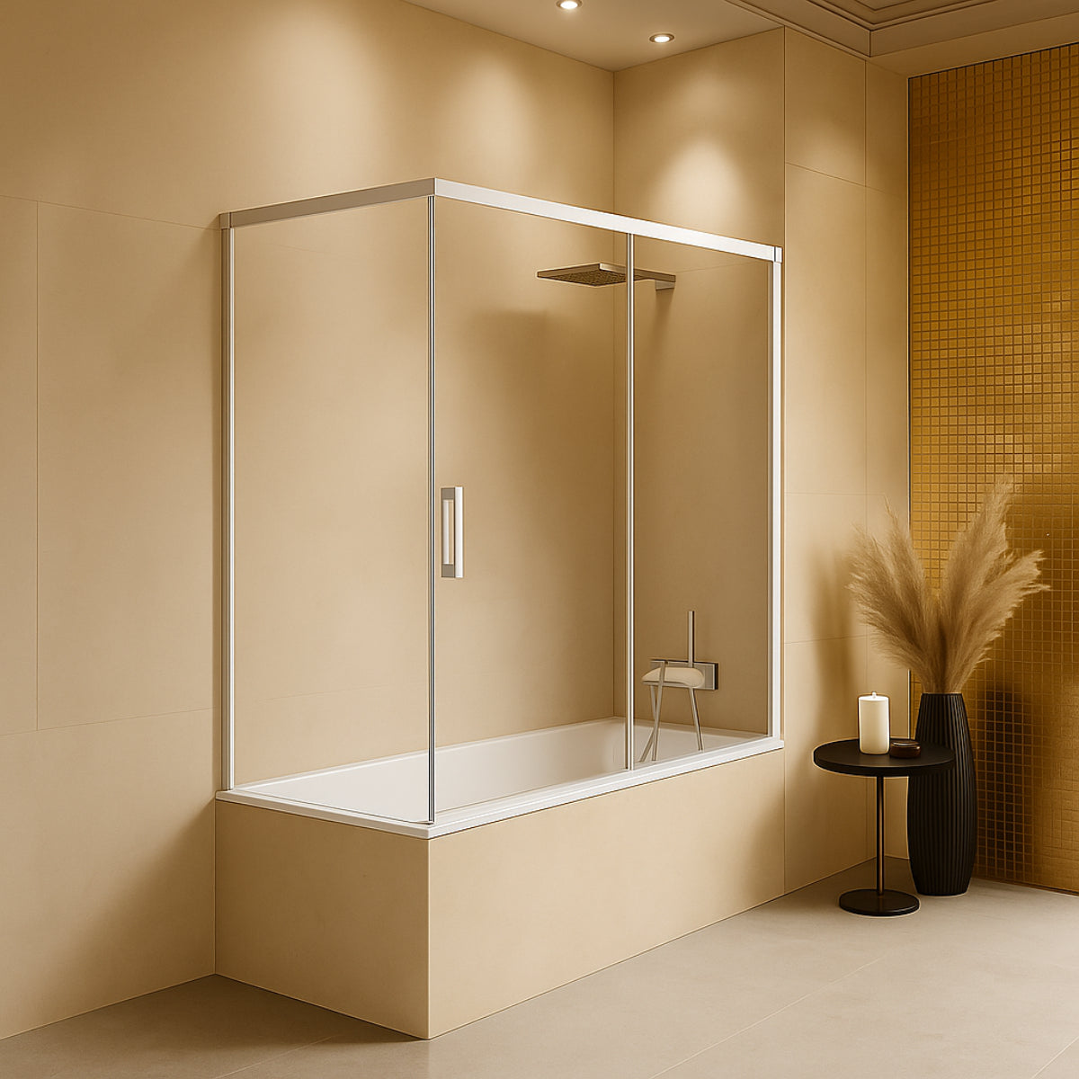 Mampara de bañera YAIZA Becrisa vidrios transparentes, 1 puerta corredera, 1 fijo+1 lateral fijo, perfil blanco, diseño minimalista, Errefe Home