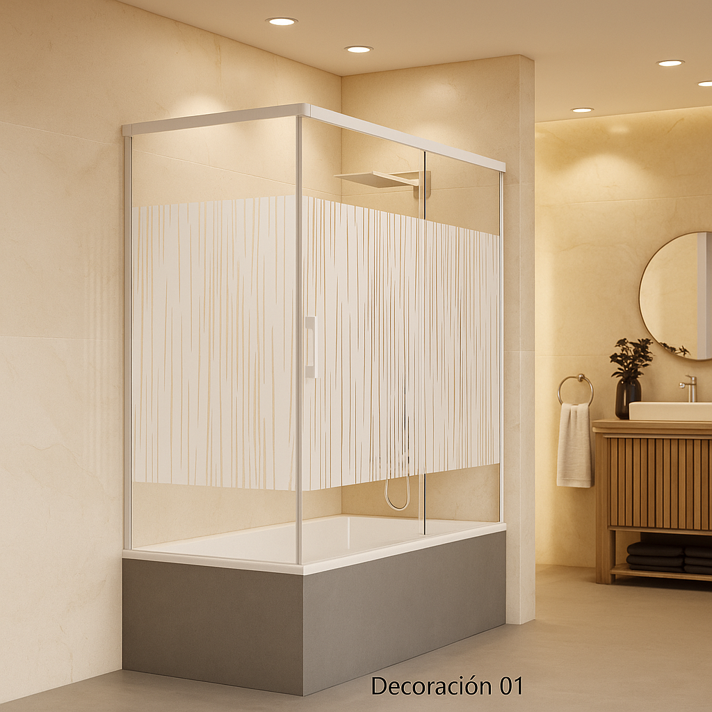 Mampara de bañera YAIZA Becrisa vidrios decorativos, 1 puerta corredera, 1 fijo+1 lateral fijo, perfil cromo, diseño minimalista, Errefe Home