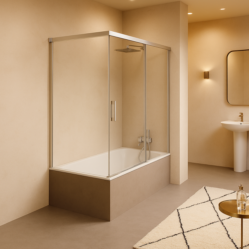 Mampara de bañera YAIZA Becrisa vidrios transparentes, 1 puerta corredera, 1 fijo+1 lateral fijo, perfil cromo, diseño minimalista, Errefe Home