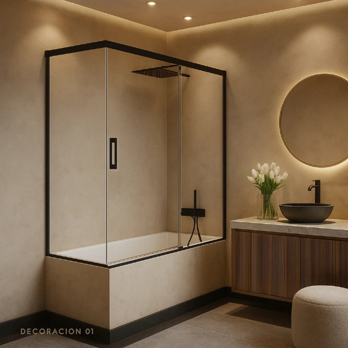 Mampara de bañera YAIZA Becrisa vidrios transparentes, 1 puerta corredera, 1 fijo+1 lateral fijo, perfil negro, diseño minimalista, Errefe Home